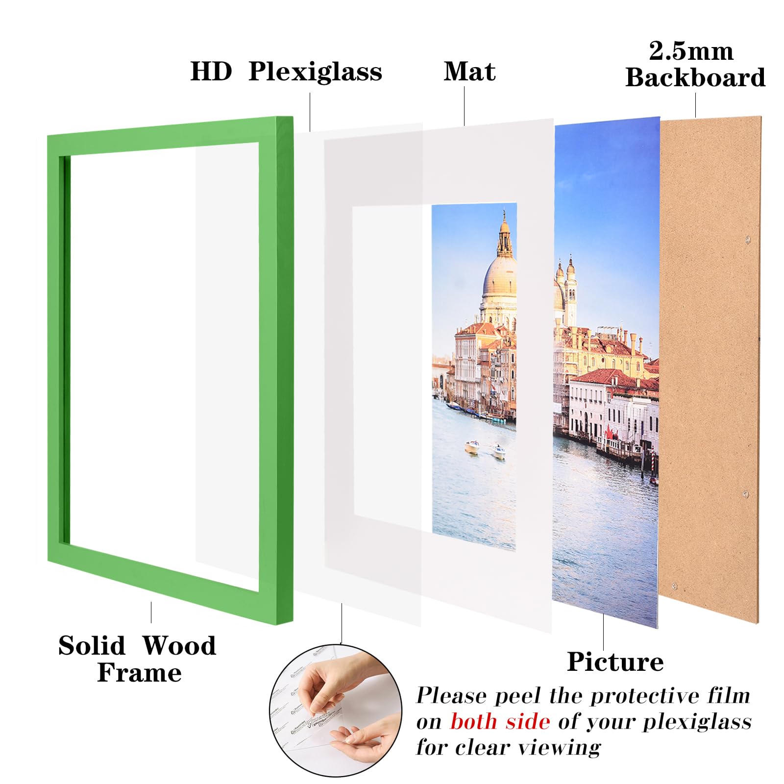wyooxoo 12x16 Picture Frame Green Made of Solid Wood Photo Frames Display Pictures 11x14 with Mat or 12x16 Without Mat Colorful